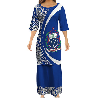 Samoa Coat Of Arms Matching Polynesian Tribal Pattern Curve Style Blue Dress And Hawaiian Shirt For Him Her