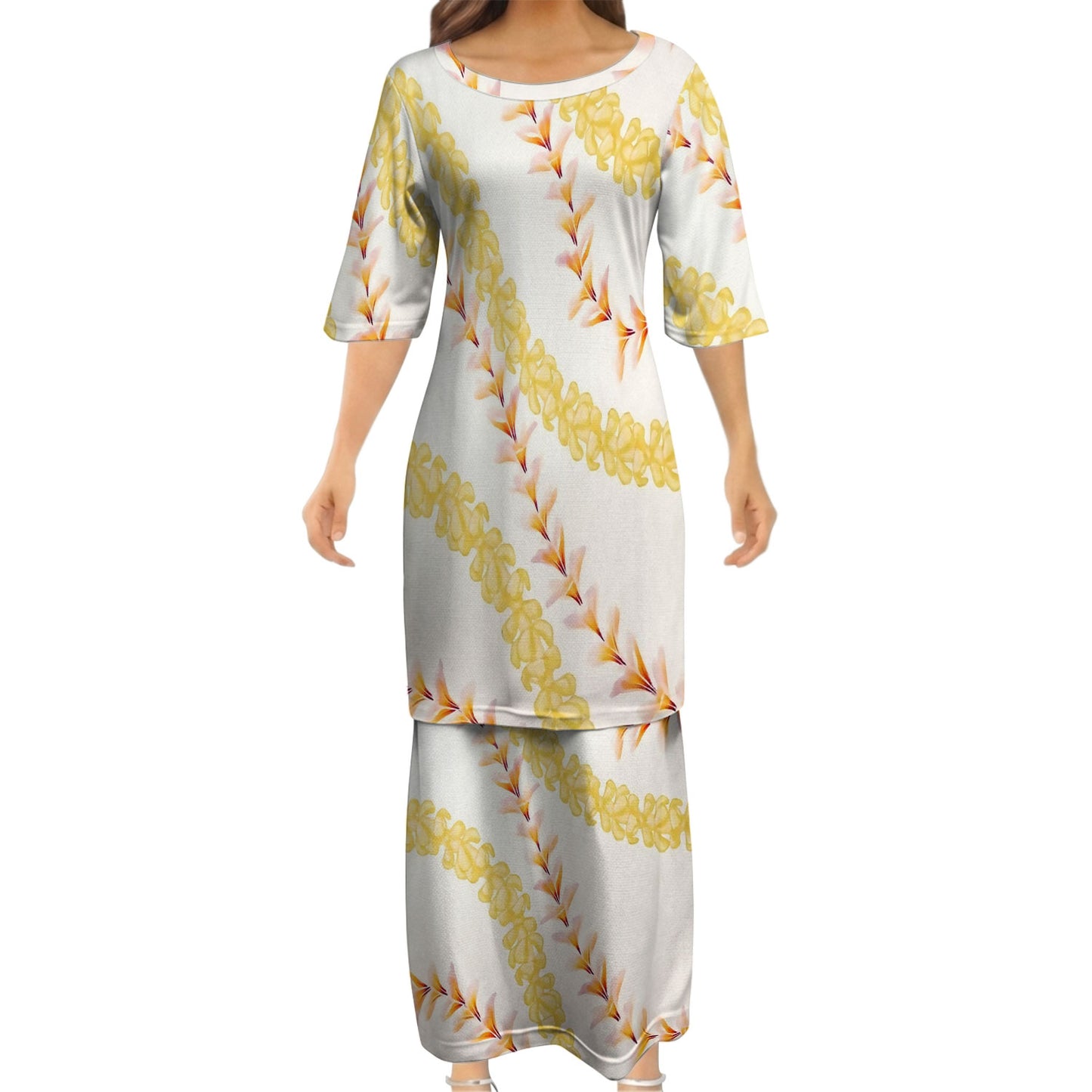 Puakenikeni Pikake Lei Curve Lei Flower Matching Outfit For Couple Island Puletasi Dress And Shirt