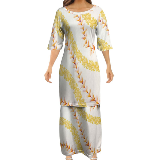 Puakenikeni Pikake Lei Curve Lei Flower Matching Outfit For Couple Island Puletasi Dress And Shirt