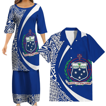 Samoa Coat Of Arms Matching Polynesian Tribal Pattern Curve Style Blue Dress And Hawaiian Shirt For Him Her