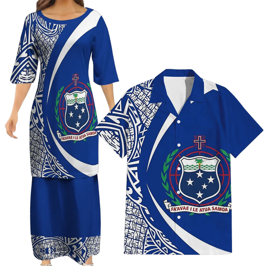 Samoa Coat Of Arms Matching Polynesian Tribal Pattern Curve Style Blue Dress And Hawaiian Shirt For Him Her