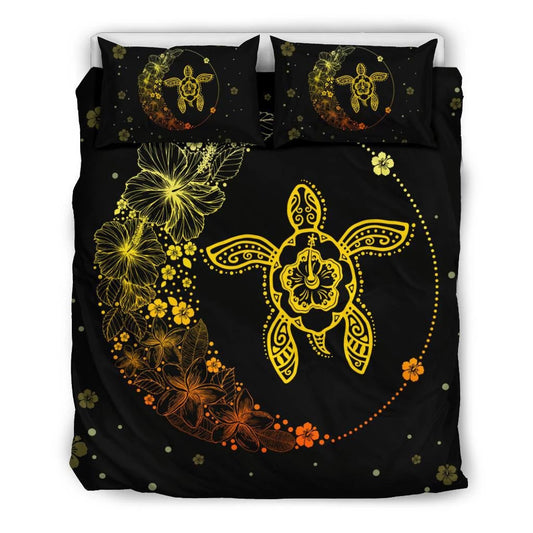 Hawaiian Turtle Hibiscus Plumeria Colorful Flower Black And Yellow Bedding Set