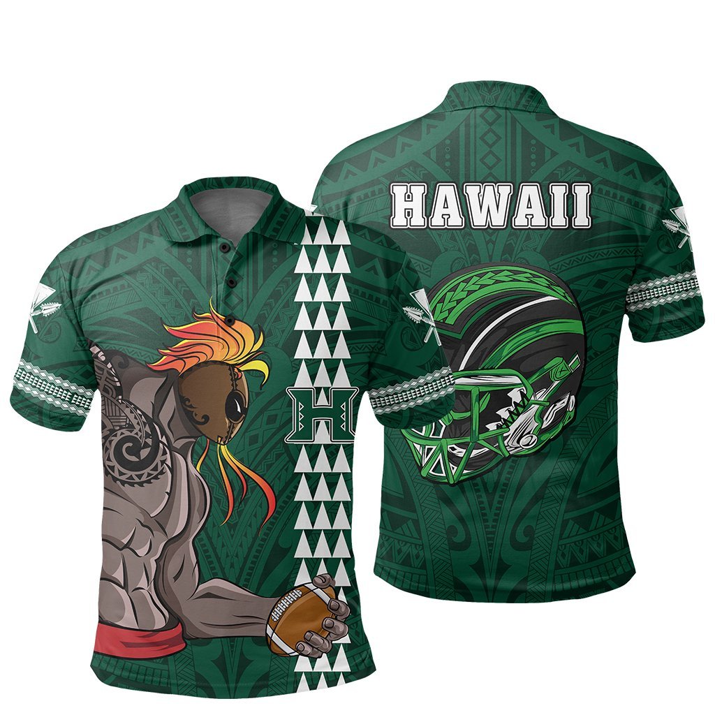 Hawaii Warrior Helmet Football Green Kakau Polo Shirt