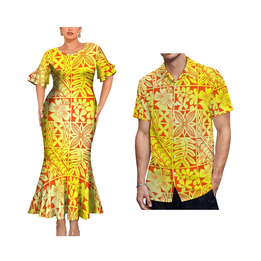 Geometric Polynesian Matching Outfit For Couple Bodycon Mermaid Dress and Shirt