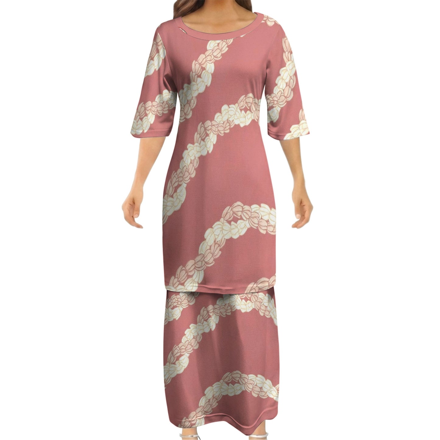 Puakenikeni Pikake Lei Curve Lei Flower Matching Outfit For Couple Island Pink Puletasi Dress And Shirt