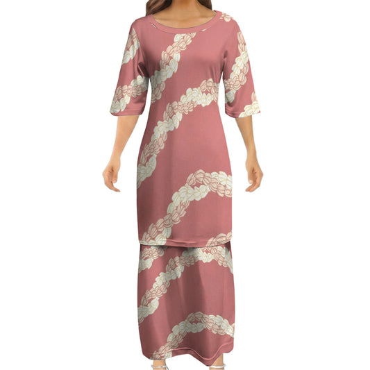 Puakenikeni Pikake Lei Curve Lei Flower Matching Outfit For Couple Island Pink Puletasi Dress And Shirt