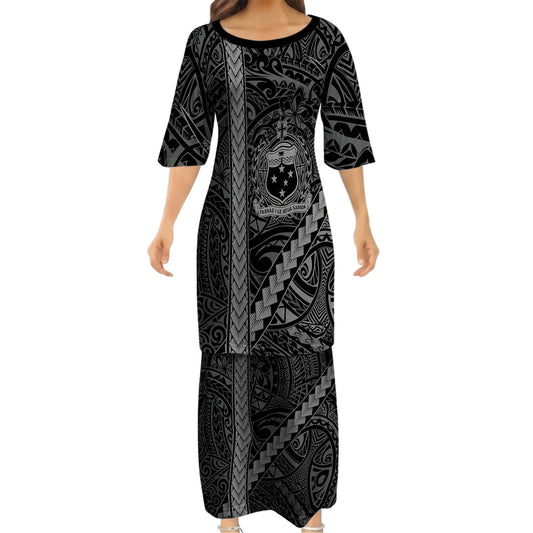 Samoa Black Matching Polynesian Tribal Flowers Pattern Dress And Hawaiian Shirt For Him Her