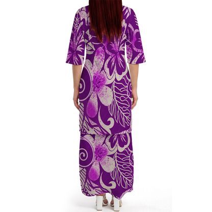 Vintage Polynesian Tribal Pattern Purple Couple Outfit Matching Island Dress And Hawaiian Shirt For Her Him