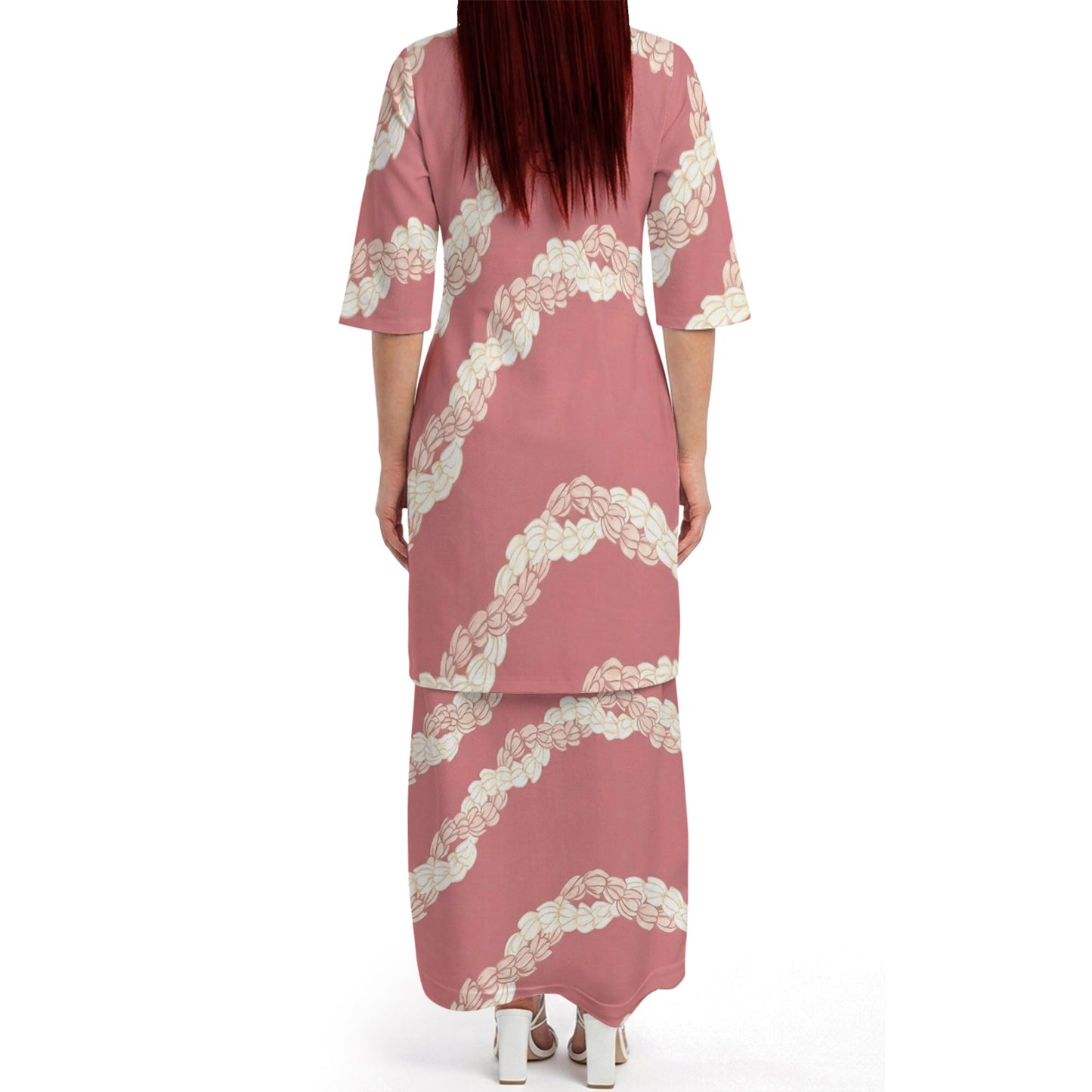 Puakenikeni Pikake Lei Curve Lei Flower Matching Outfit For Couple Island Pink Puletasi Dress And Shirt