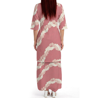 Puakenikeni Pikake Lei Curve Lei Flower Matching Outfit For Couple Island Pink Puletasi Dress And Shirt