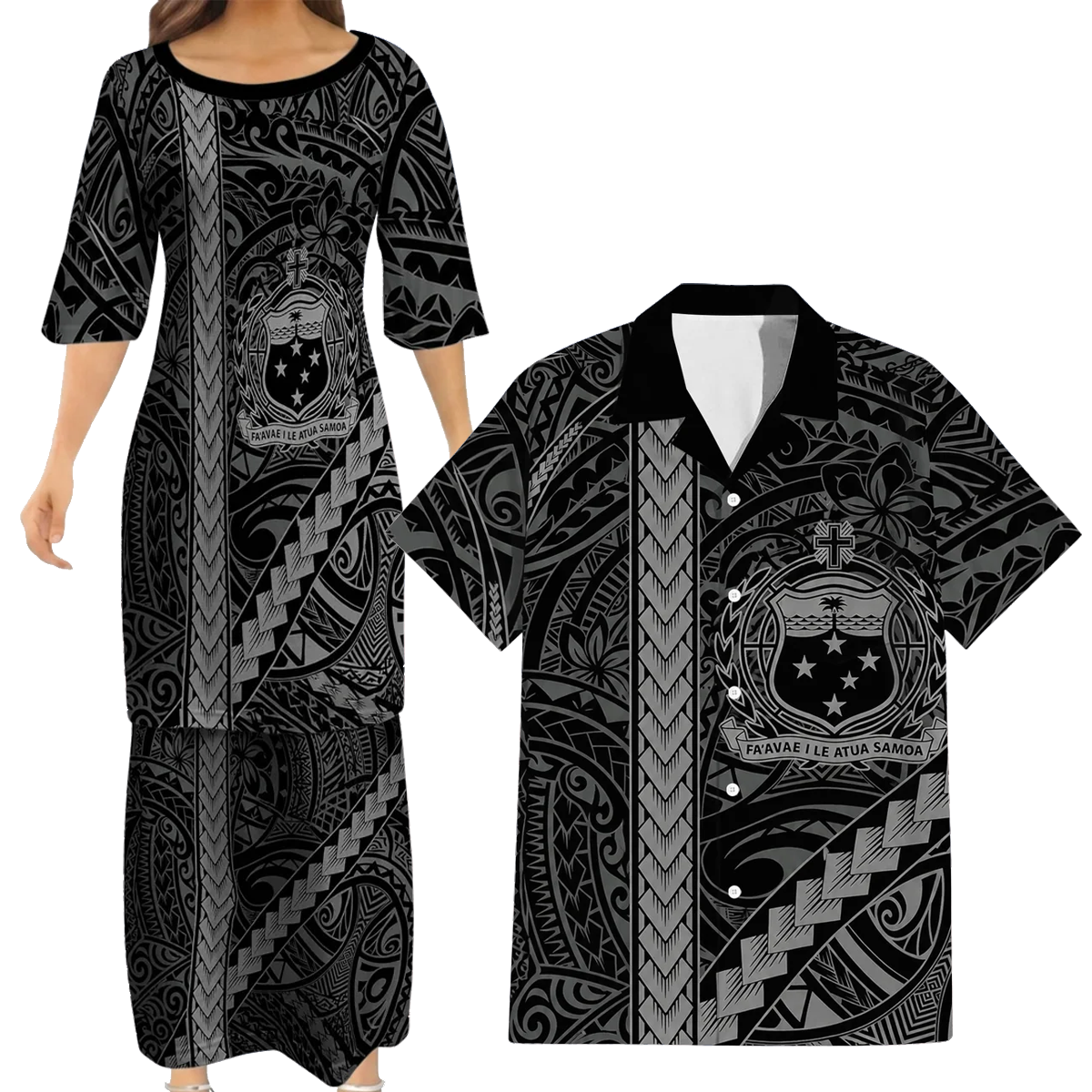 Samoa Black Matching Polynesian Tribal Flowers Pattern Dress And Hawaiian Shirt For Him Her