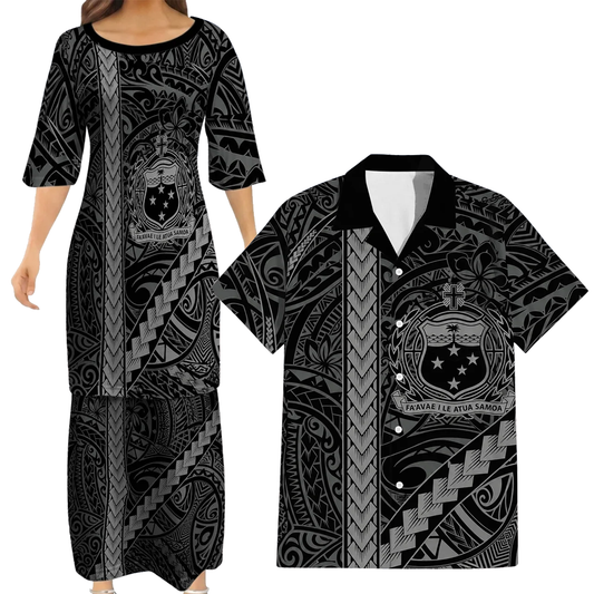 Samoa Black Matching Polynesian Tribal Flowers Pattern Dress And Hawaiian Shirt For Him Her