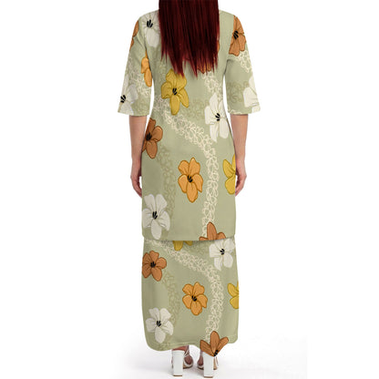 Puakenikeni Pikake Lei Curve Lei Flower Matching Outfit For Couple Island Green Puletasi Dress And Shirt