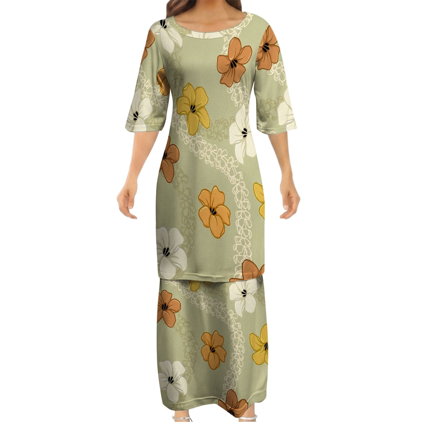 Puakenikeni Pikake Lei Curve Lei Flower Matching Outfit For Couple Island Green Puletasi Dress And Shirt
