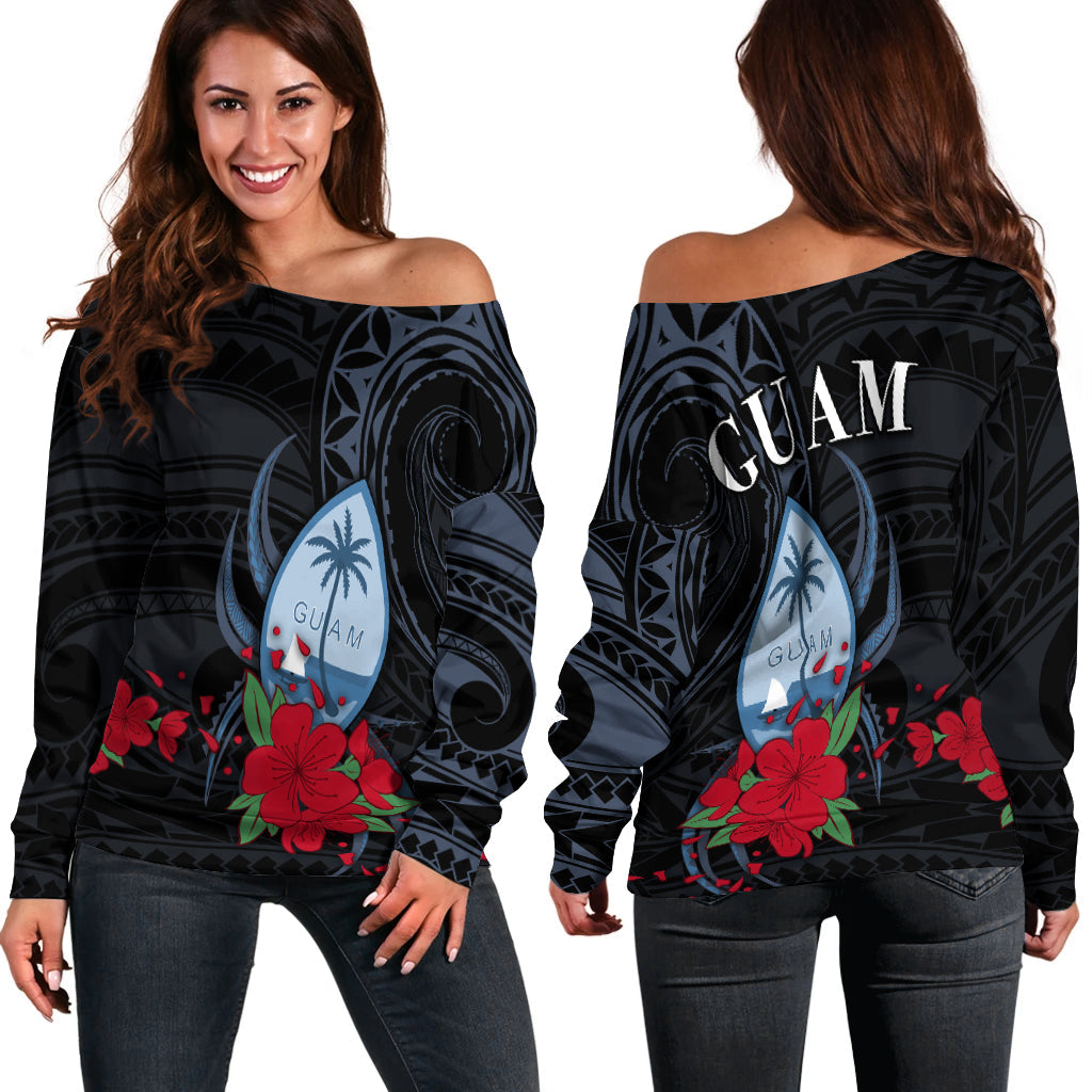 Guam Off Shoulder Sweater Polynesian Flowers Version Black