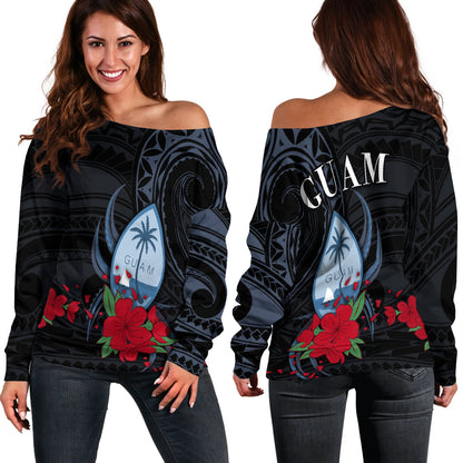 Guam Off Shoulder Sweater Polynesian Flowers Version Black