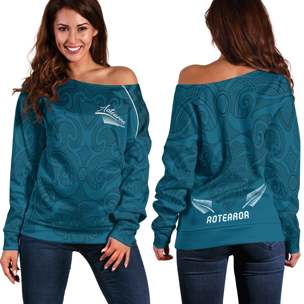 Maori 2021 Off Shoulder Sweater Turquoise Aotearoa Tattoo