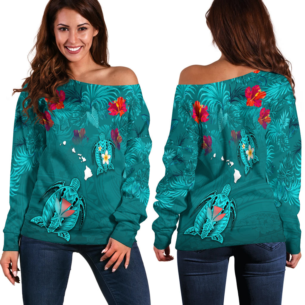 Hawaiian Islands Off Shoulder Sweater Hawaii Tropical Flowers and Turtles Turquoise