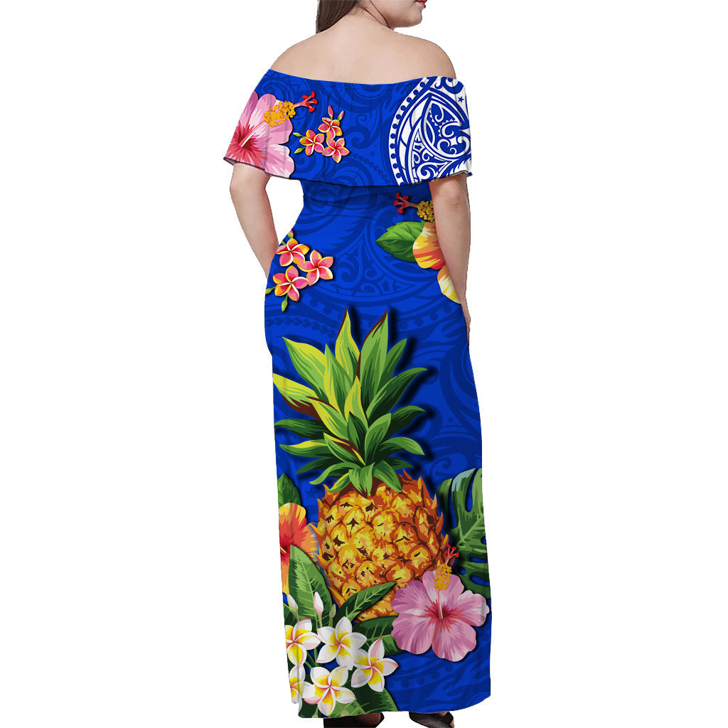 Hawaii Off Shoulder Long Dress Blue Polynesia Pineapple