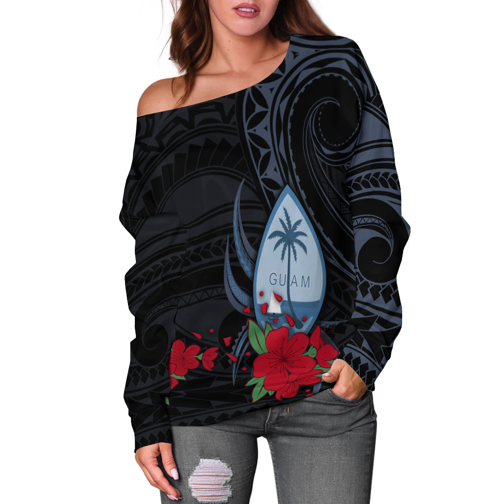 Guam Off Shoulder Sweater Polynesian Flowers Version Black