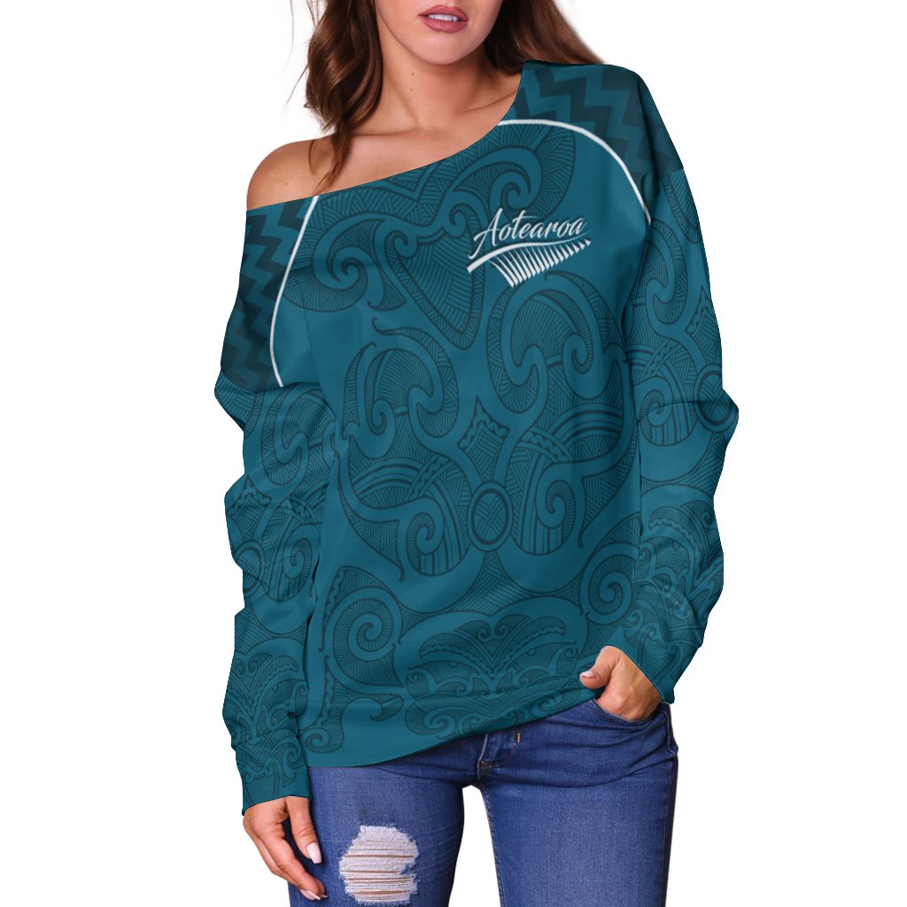 Maori 2021 Off Shoulder Sweater Turquoise Aotearoa Tattoo
