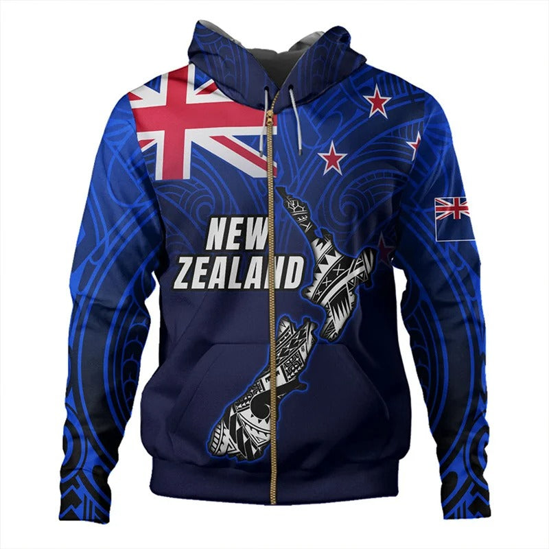 New Zealand Flag Hoodie NZ Map Unisex Blue Zip Hoodie All Over Print