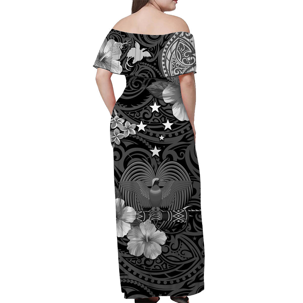 Papua New Guinea Off Shoulder Long Dress Polynesia Raggiana Bird of Paradise Gray