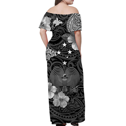 Papua New Guinea Off Shoulder Long Dress Polynesia Raggiana Bird of Paradise Gray