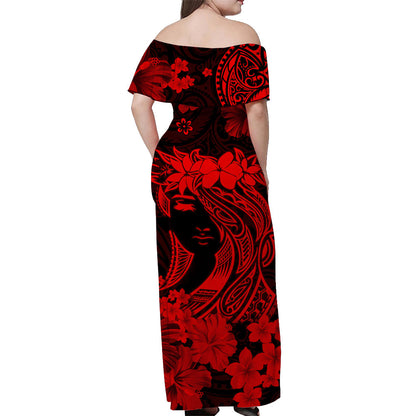 Hawaii Off Shoulder Long Dress Polynesia Red Attractive Hula Girl