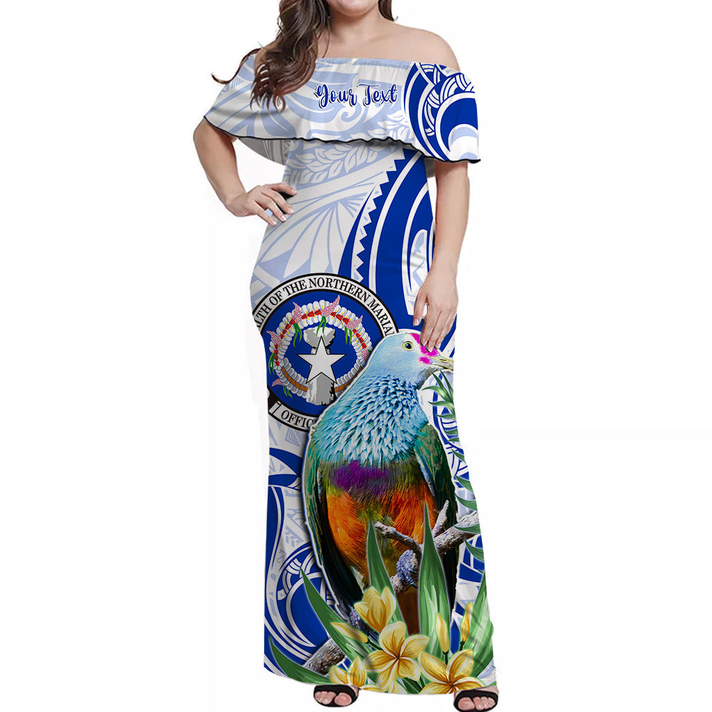 Custom Personalised Northern Mariana Islands Off Shoulder Long Dress Mariana Fruit Dove Mix Frangipani Flowers White