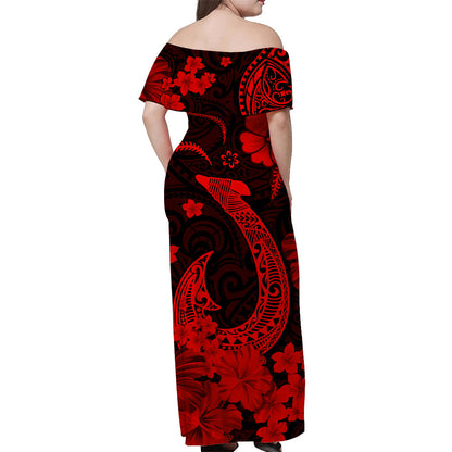 Hawaii Off Shoulder Long Dress Polynesia Red Fish Hook