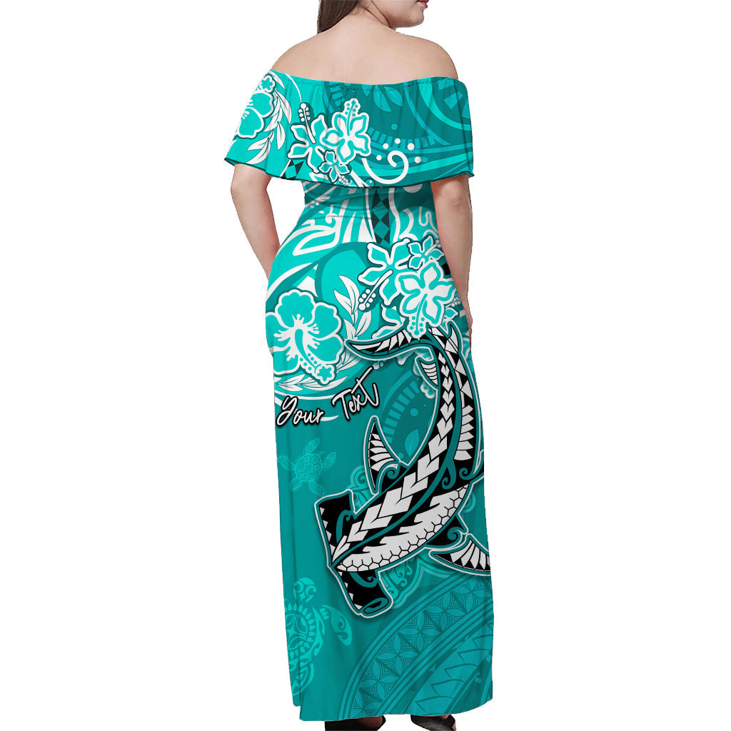 Custom Personalised Hawaii Off Shoulder Long Dress Polynesia Turquoise Sea Turtle Honu and Hammerhead Shark