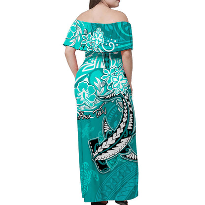 Custom Personalised Hawaii Off Shoulder Long Dress Polynesia Turquoise Sea Turtle Honu and Hammerhead Shark
