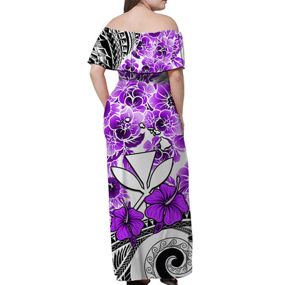 Hawaii Off Shoulder Long Dress Polynesian and Purple Hibiscus