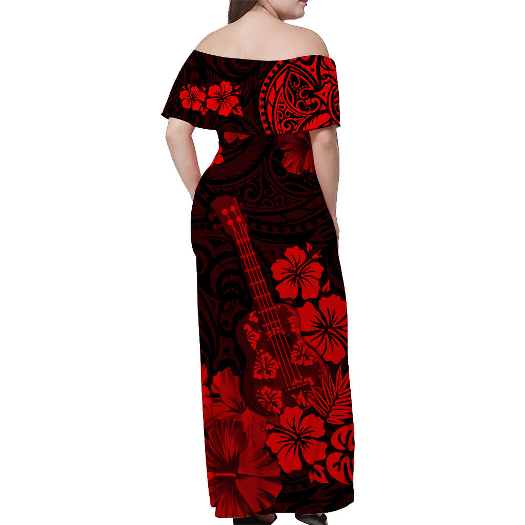 Hawaii Off Shoulder Long Dress Polynesia Red Ukulele Flowers