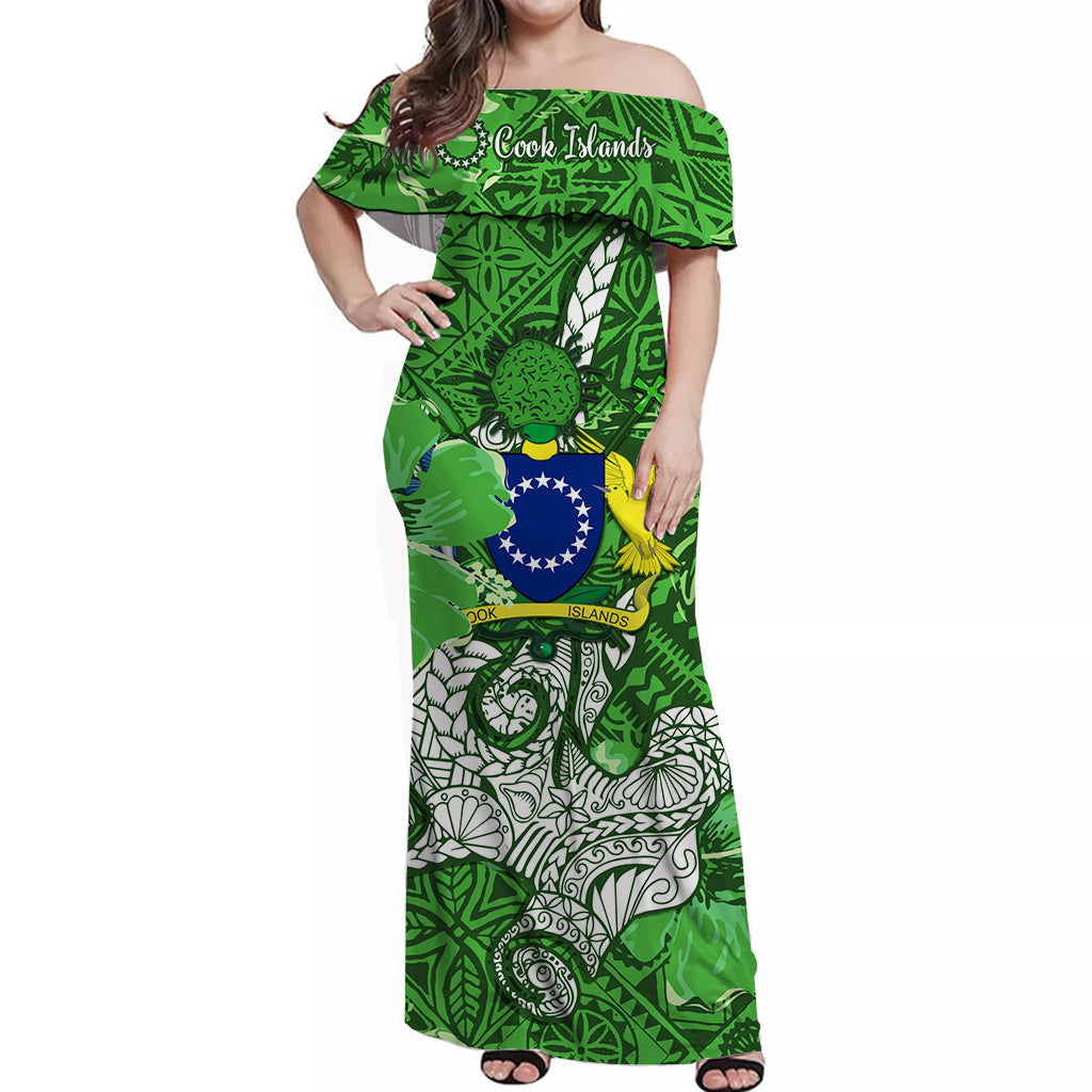 Cook Islands Off Shoulder Long Dress Hammerhead Shark Green