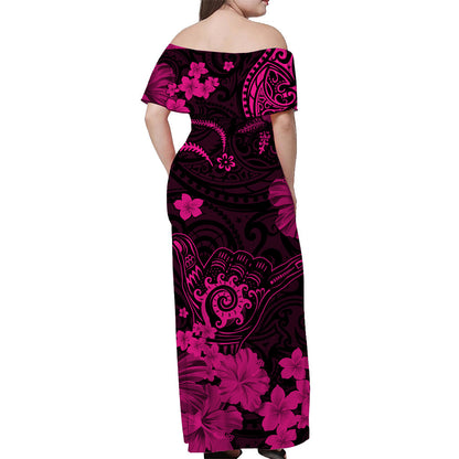 Hawaii Off Shoulder Long Dress Polynesia Pink Cool Shaka Sign