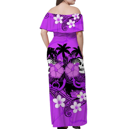 Hawaii Skull Off Shoulder Long Dress Mysterious Polynesia and Purple Flowers