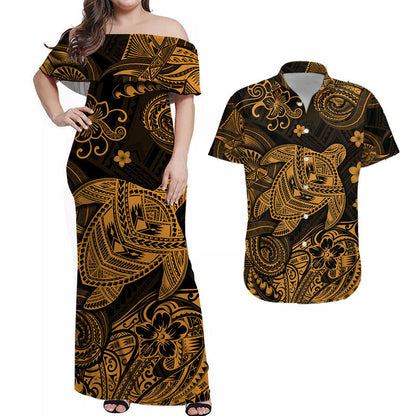 Hawaii Turtle Polynesian Combo Dress and Hawaiian Shirt Matching Couples Outfit Plumeria Flower Unique Style Gold