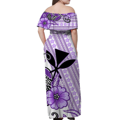 Hawaii Off Shoulder Long Dress Kakau Tribal Purple Batik Floral Ver.02