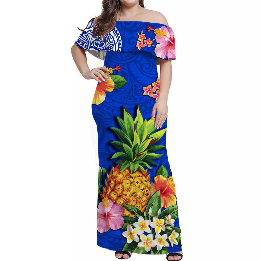 Hawaii Off Shoulder Long Dress Blue Polynesia Pineapple