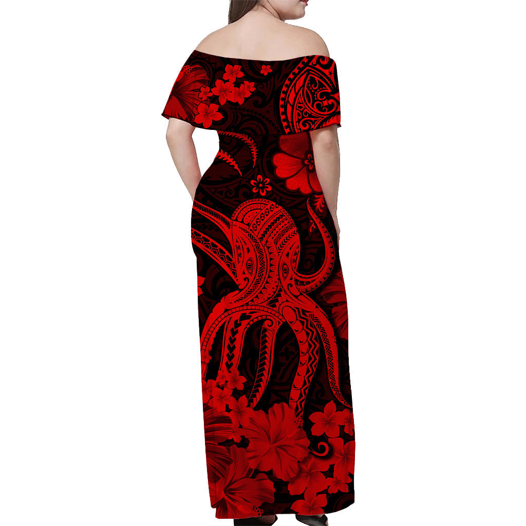 Hawaii Off Shoulder Long Dress Polynesia Red Octopus