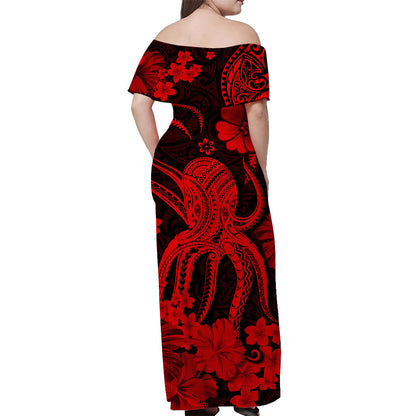 Hawaii Off Shoulder Long Dress Polynesia Red Octopus