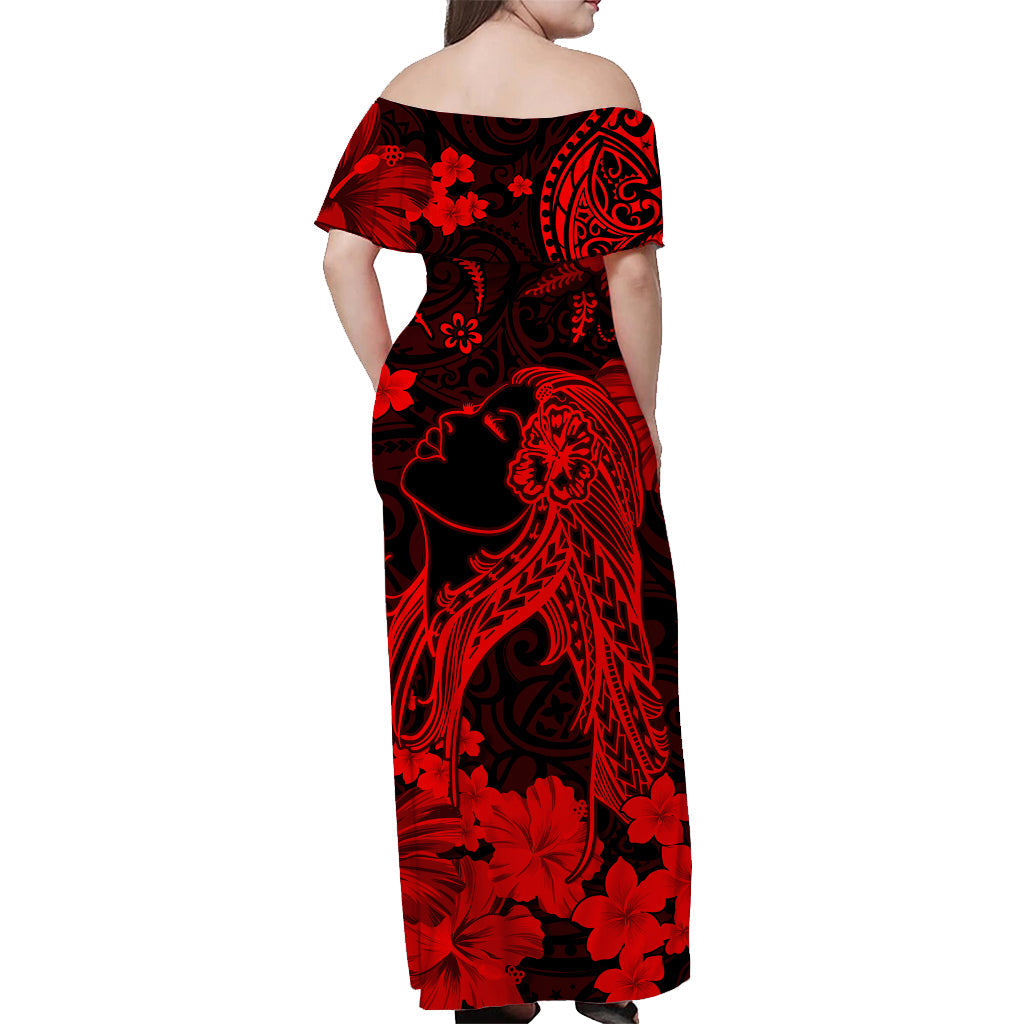 Hawaii Off Shoulder Long Dress Polynesia Red Beautiful Hula Girl