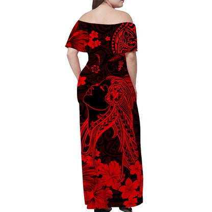 Hawaii Off Shoulder Long Dress Polynesia Red Beautiful Hula Girl