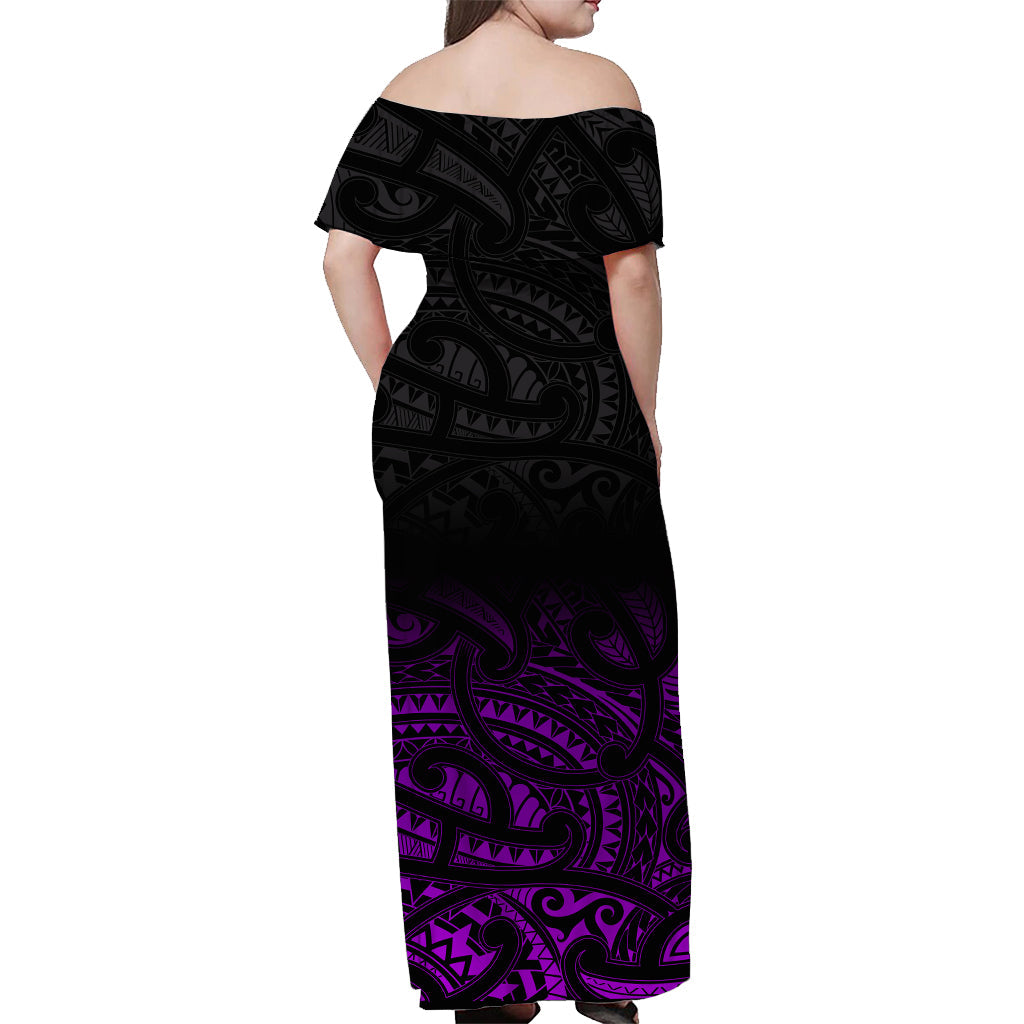 Custom Personalised New Zealand Off Shoulder Long Dress Maori Pattern Purple