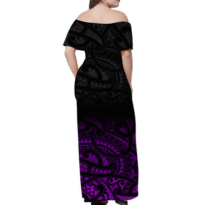 Custom Personalised New Zealand Off Shoulder Long Dress Maori Pattern Purple