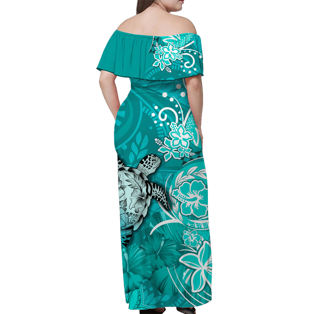 Custom Personalised Hawaii Off Shoulder Long Dress Polynesia Turquoise Sea Turtle Honu and Hibiscus