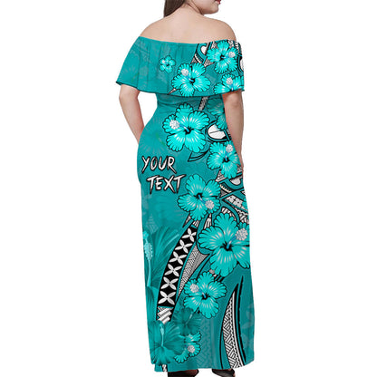 Custom Personalised Hawaii Off Shoulder Long Dress Polynesia Turquoise Hibiscus and Map Mystical
