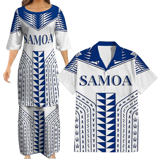 Samoa White Matching Polynesian Tribal Pattern Dress And Hawaiian Shirt For Him Her
